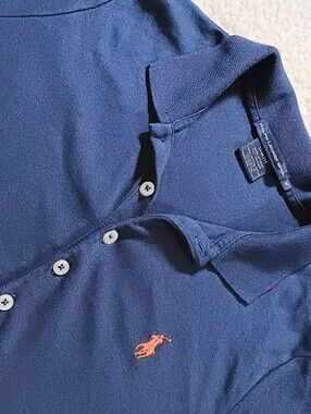 Ralph Lauren Sport Women's M Short Sleeve Navy Polo Shirt Orange Pony Slim Fit